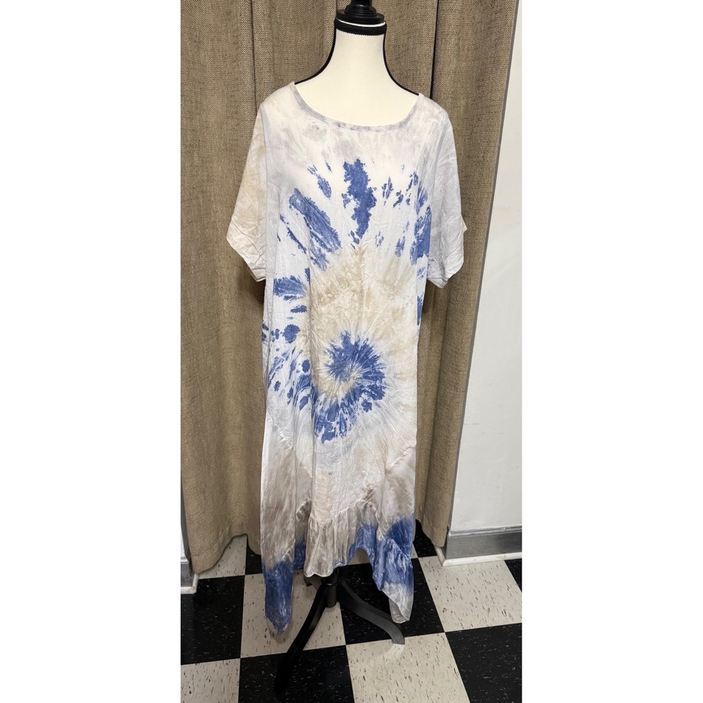 Gigi Moda Luna Dress OS Made in Italy Blue Tan Tie Dye Silk Blend Maxi Pockets